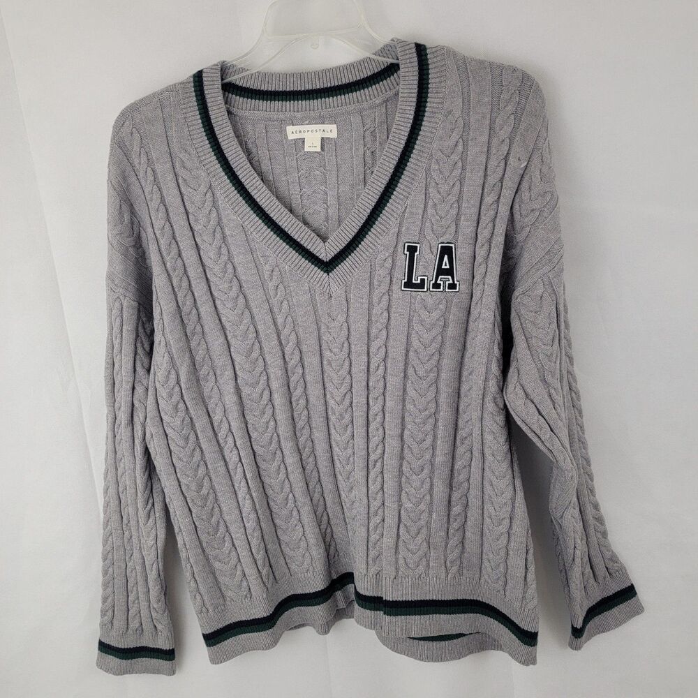 AEROPOSTALE Womens Sweater LARGE Oversized Cable V Neck Tennis Preppy Academia